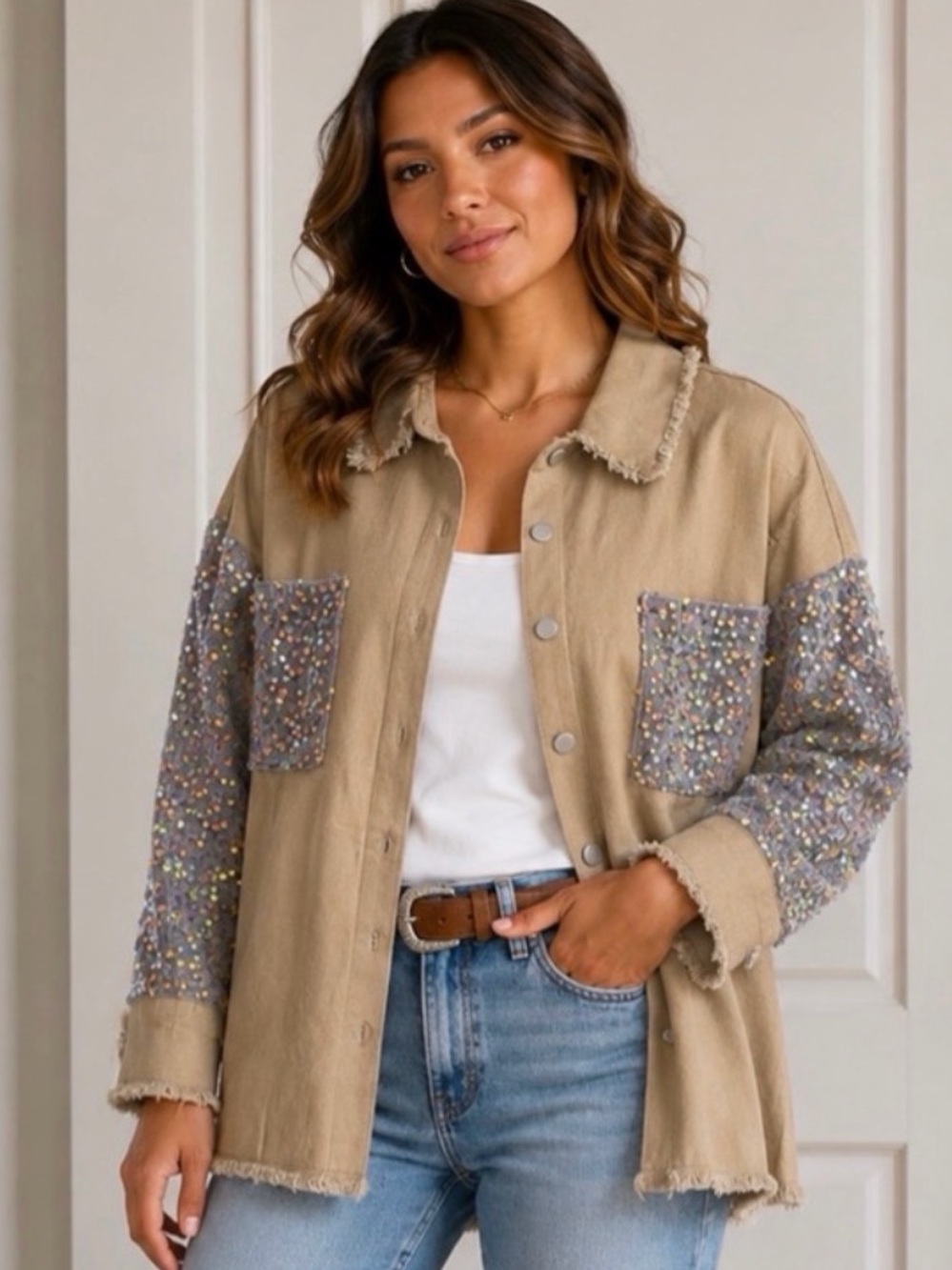 CHICMÉ BOHO western Tan Utility Jacket with Sequin Accents small